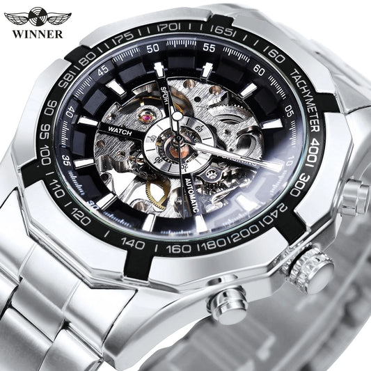 WINNER Classic Skeleton Watch for Men Luminous Hands Mechanical Watches Stainless Steel Strap Luxury Brand  Wristwatch